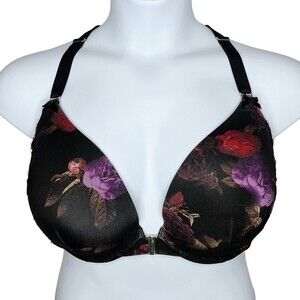 Cacique Boost Plunge Push Up Bra sz 44DD * Black Midnight Floral Racerback Lace